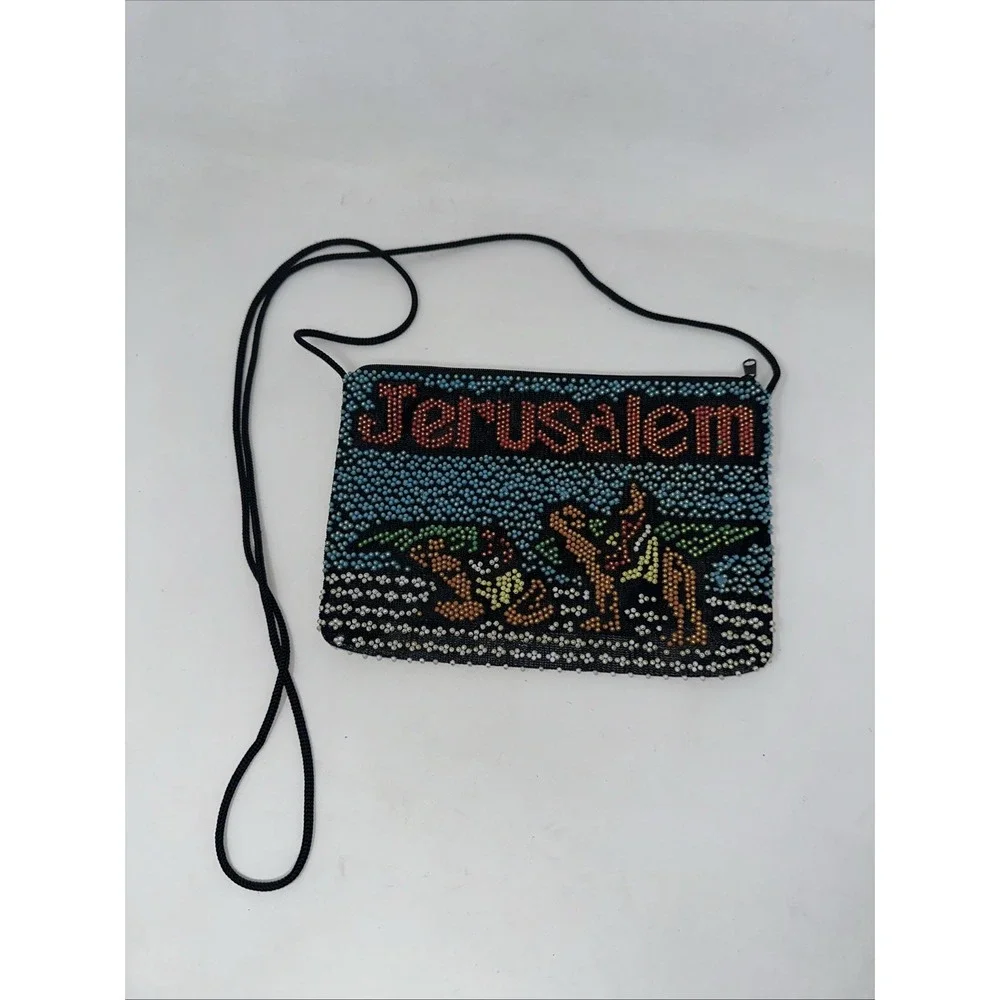 Vintage Jerusalem Beaded Crossbody Bag Handbag Camel Scene Colorful Zipper Pouch